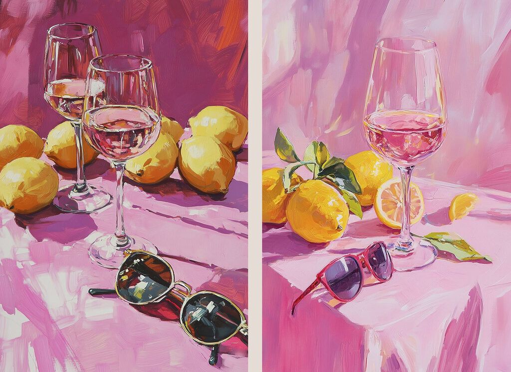 Painting of wine glasses and lemons