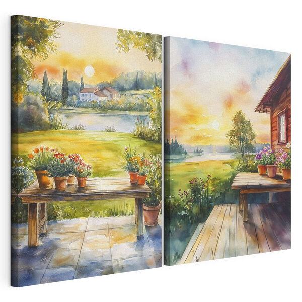 Pictură în acuarelă reprezentând o casă și o masă cu flori Tablou modular pe pânză Pictură în acuarelă reprezentând o casă și o masă cu flori