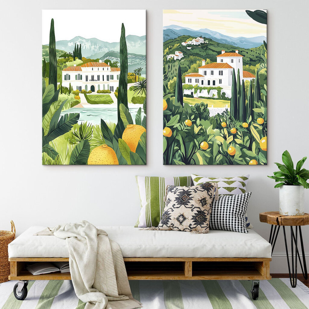 Painting of a house and a river