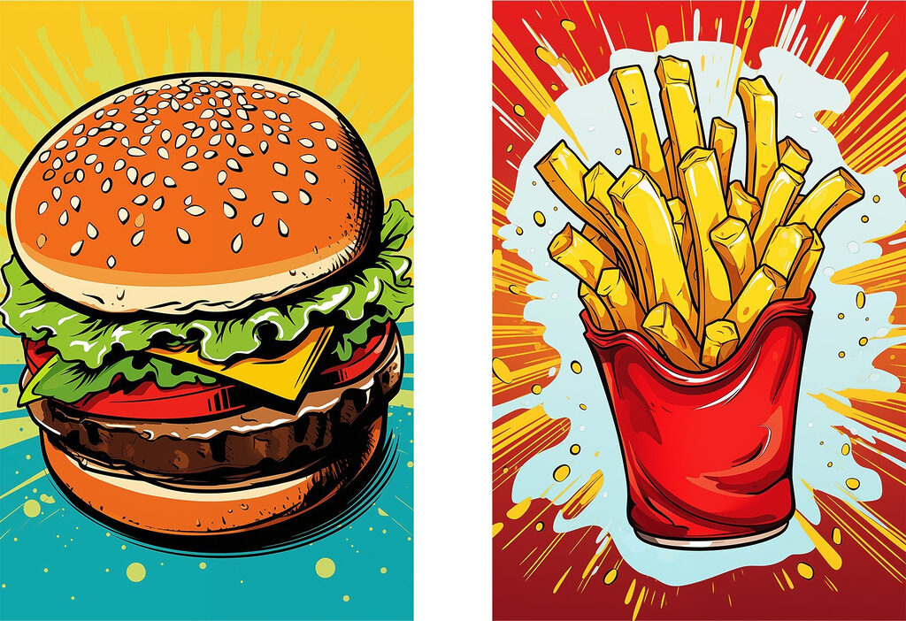 Burger and fries in a red bag Burger and fries in a red bag