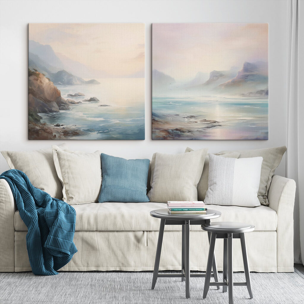 Painting of a beach and a rocky beach Painting of a beach and a rocky beach