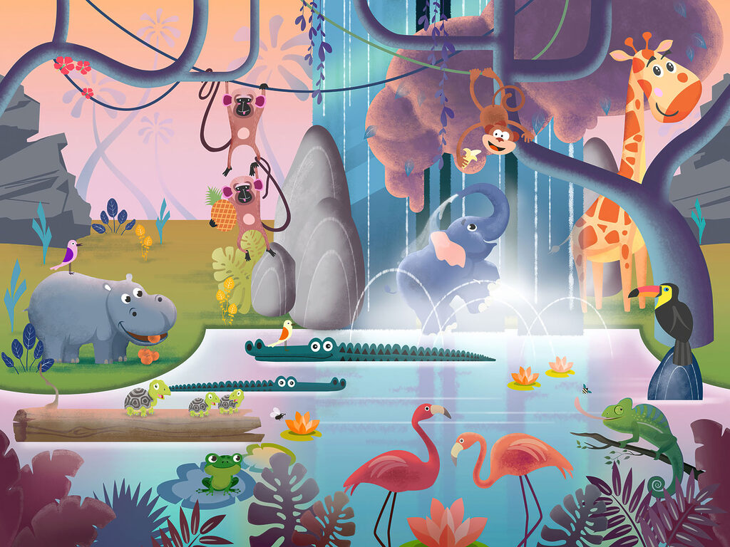 Cartoon of animals in a pond