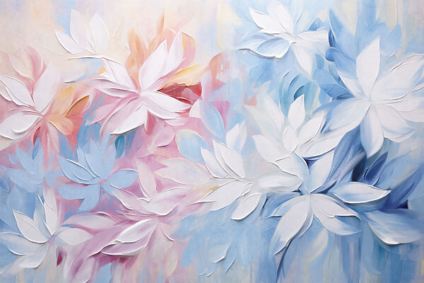 Painting of flowers with white and blue leaves
