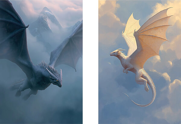 Collage of dragons flying in the sky