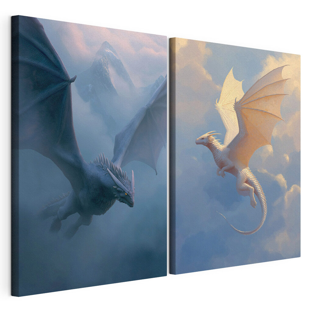 Collage of dragons flying in the sky