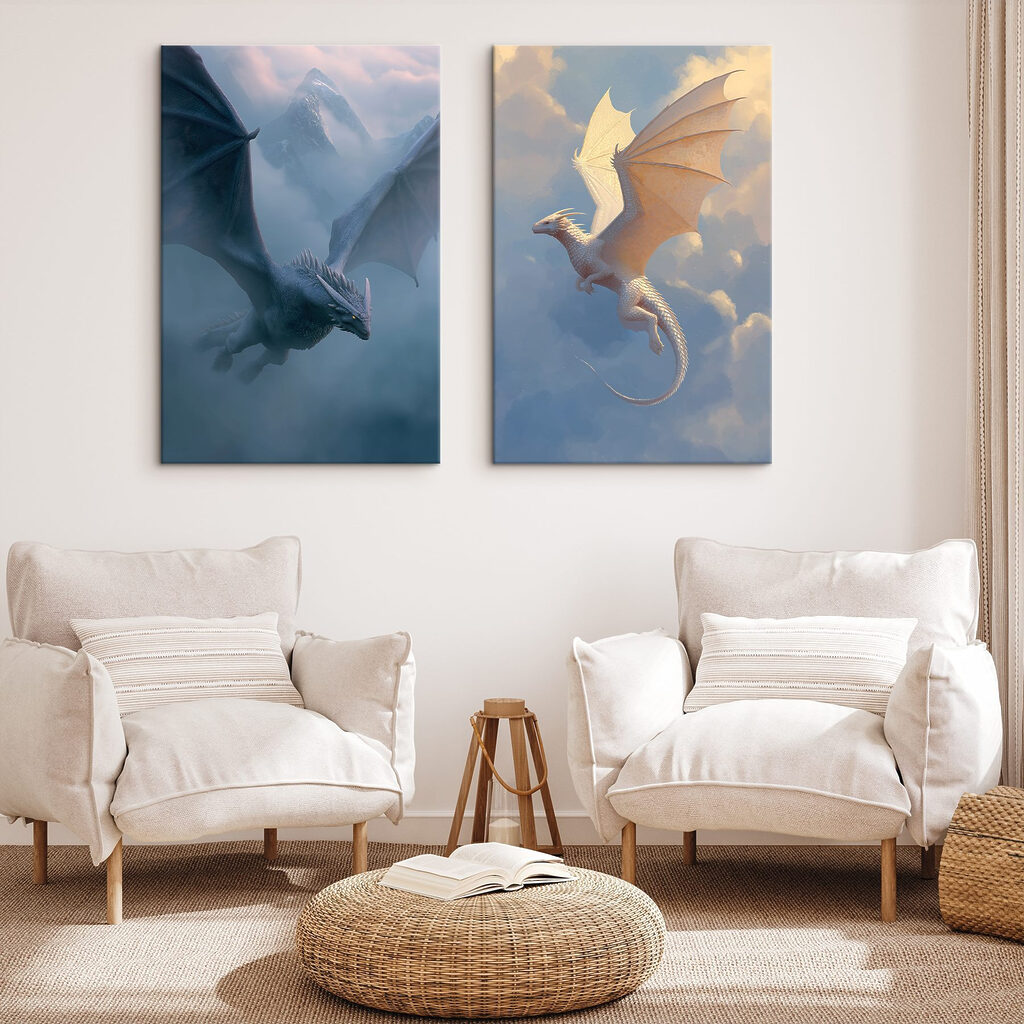 Collage of dragons flying in the sky