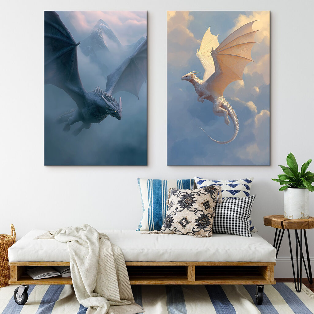 Collage of dragons flying in the sky