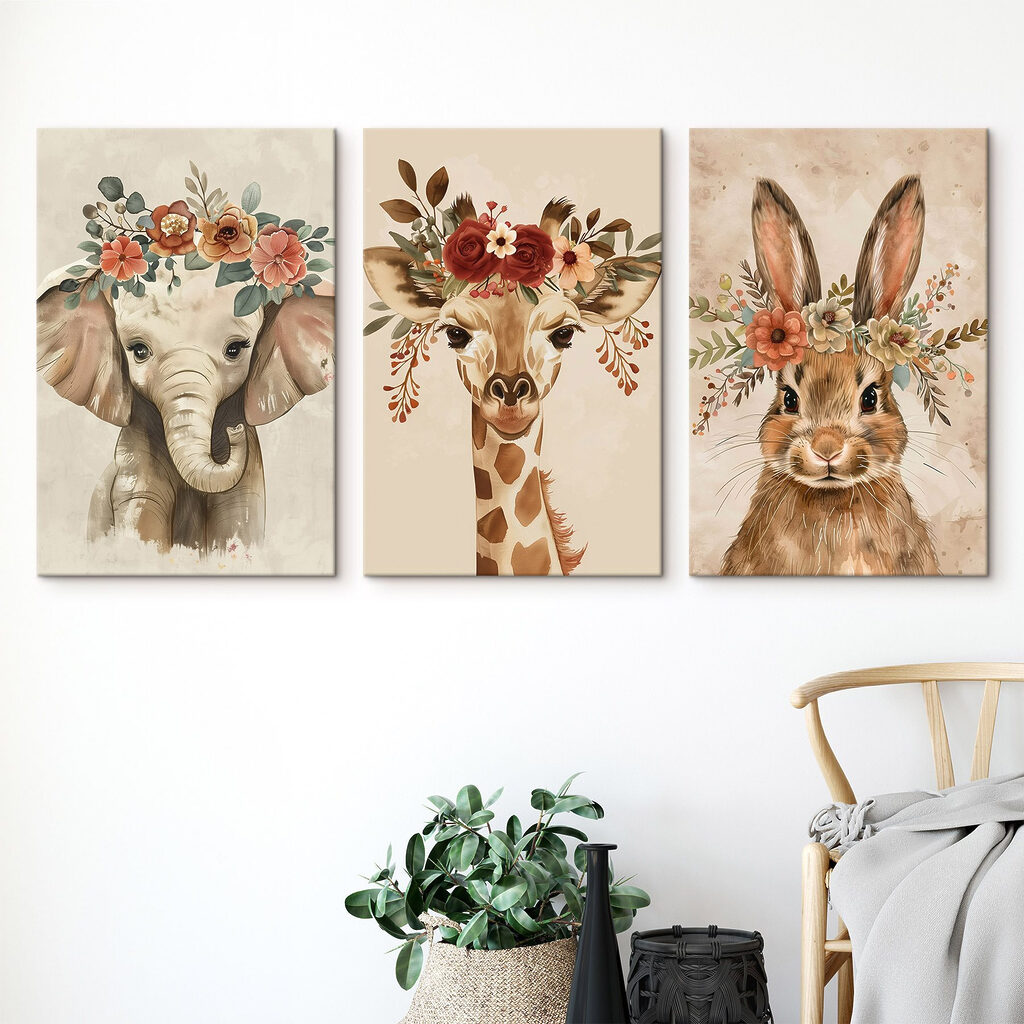 Collage of animals with flowers on their heads