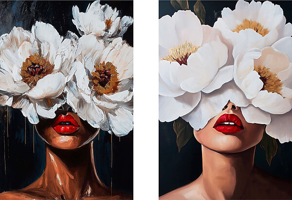 Painting of a woman with flowers over her eyes