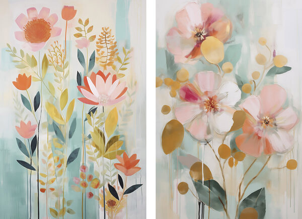 Two paintings of flowers and leaves