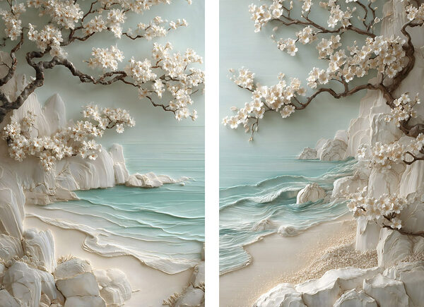 Painting of a beach and a tree