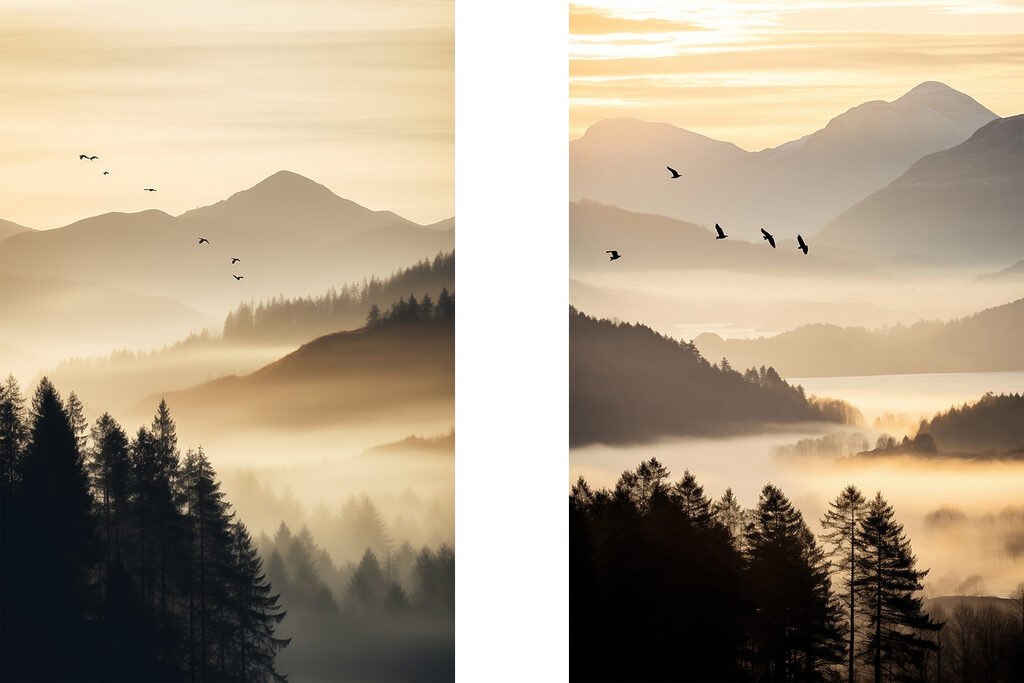 Birds flying over a valley