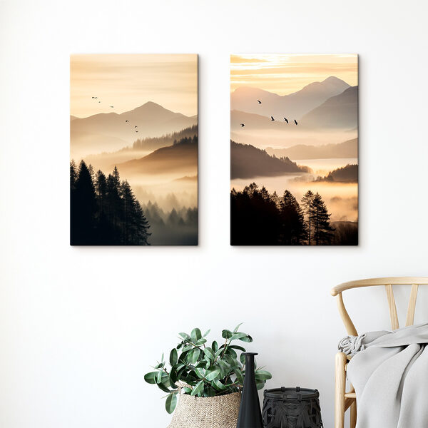 Birds flying over a valley