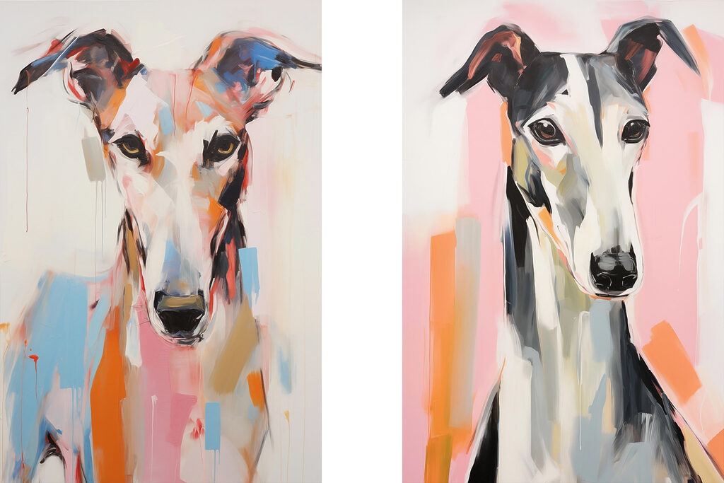 Two paintings of dogs on a wall