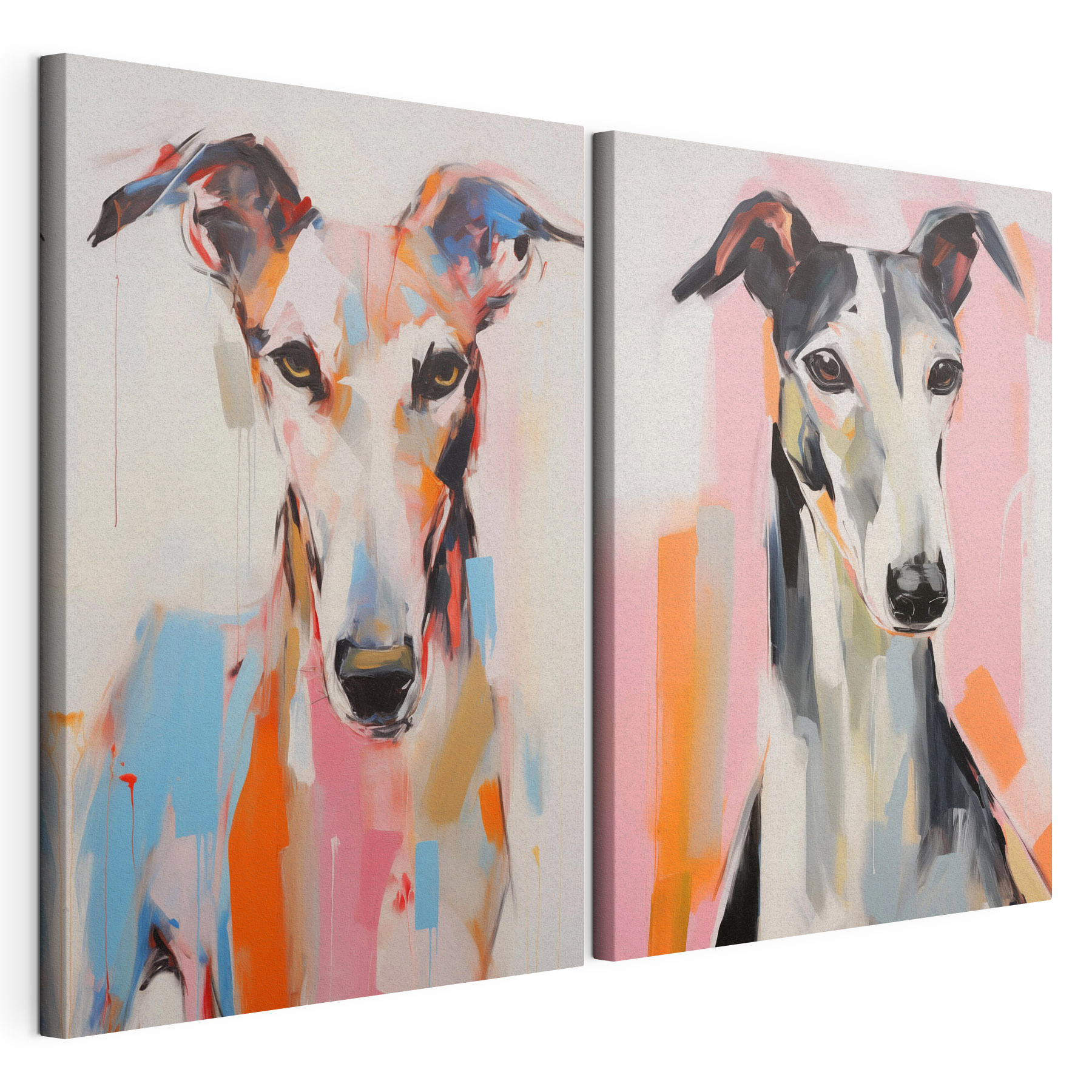 Two paintings of dogs on a wall