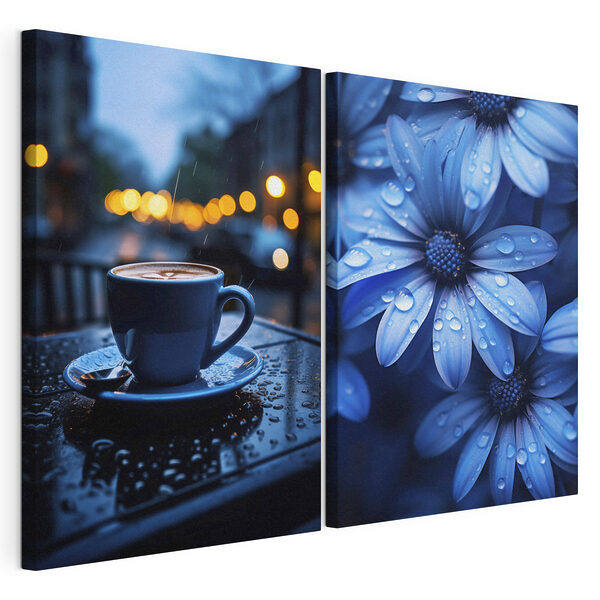 O ceașcă de cafea pe o masă cu flori Tablou modular pe pânză O ceașcă de cafea pe o masă cu flori