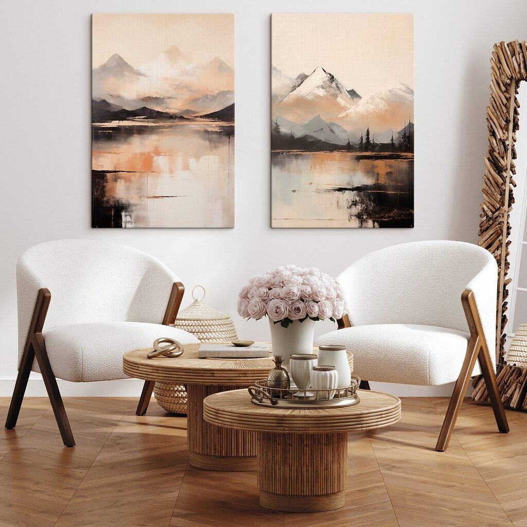Painting of mountains and a lake Painting of mountains and a lake