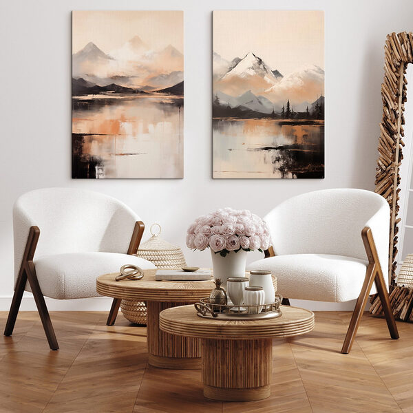 Painting of mountains and a lake Painting of mountains and a lake
