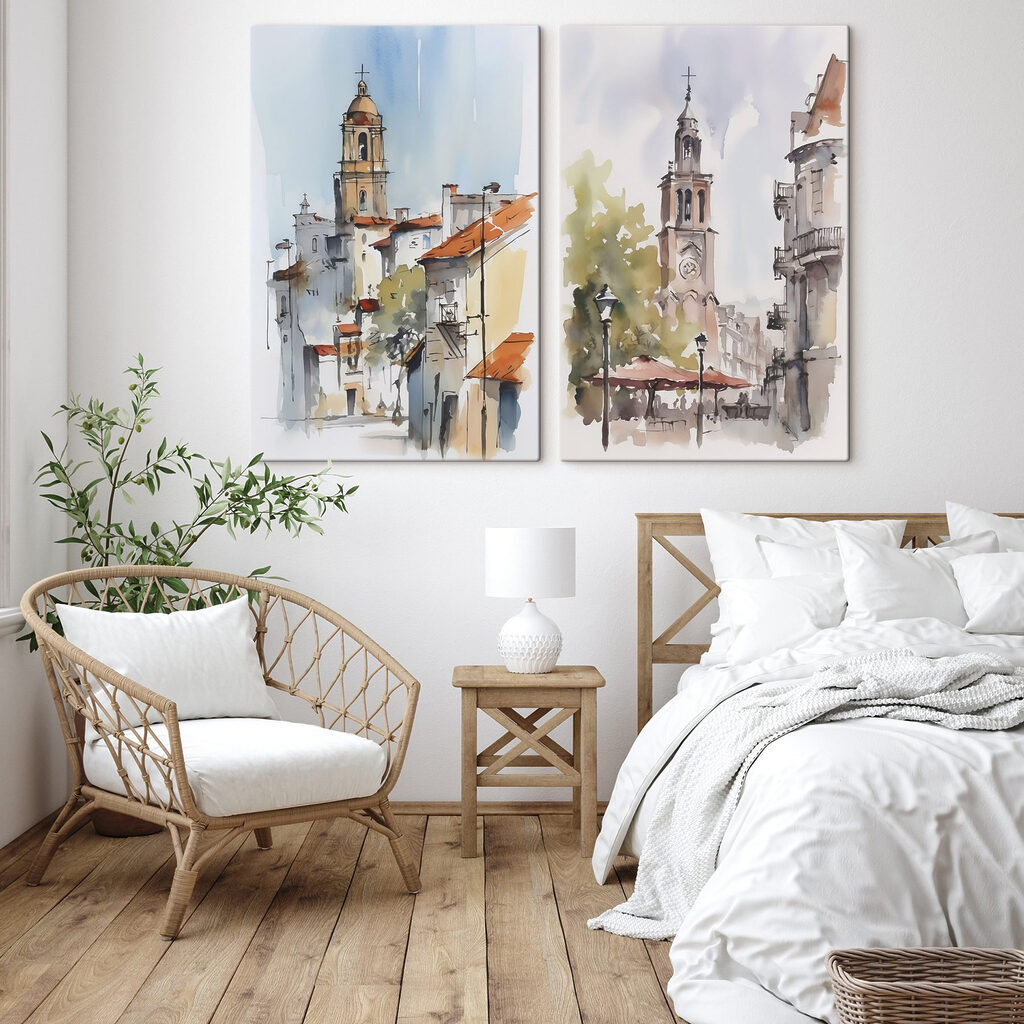 Watercolor of a church and a building