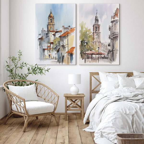 Watercolor of a church and a building