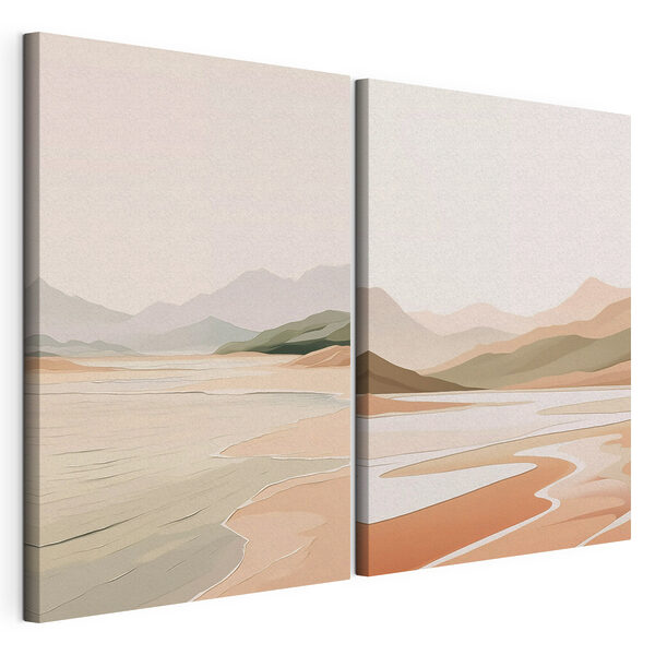 Screenshot of a painting of a beach and mountains