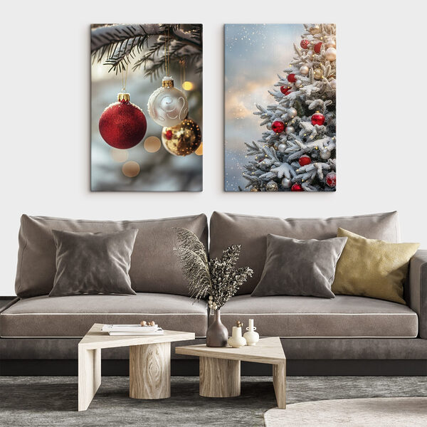 Festive ornaments hang on trees