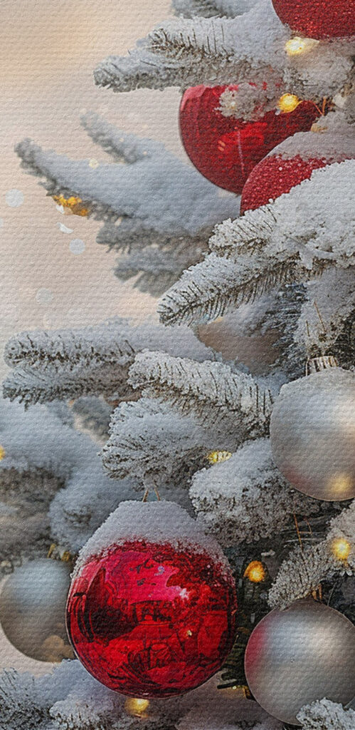 Festive ornaments hang on trees