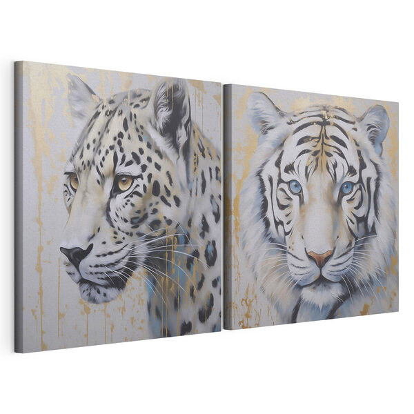Tablou modular pe pânză Două tablouri cu tigri și leoparzi (SKU: m00995) Tablou modular pe pânză Tablou modular pe pânză Două tablouri cu tigri și leoparzi (SKU: m00995)