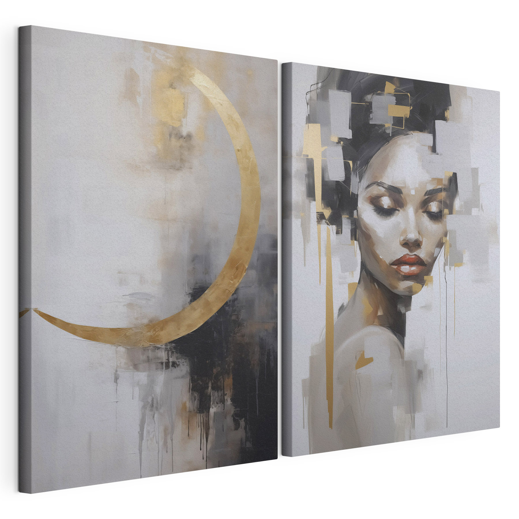 Painting of a woman and a painting of a moon Painting of a woman and a painting of a moon
