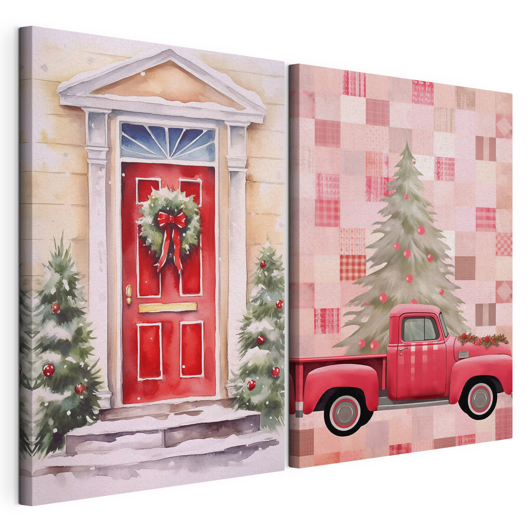 Red truck and a red door with a wreath and a red truck Red truck and a red door with a wreath and a red truck