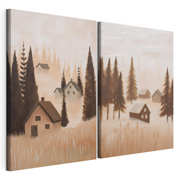Tablou modular pe pânză Tablou reprezentând un sat în ceață (SKU: m01136) Tablou modular pe pânză Tablou modular pe pânză Tablou reprezentând un sat în ceață (SKU: m01136)
