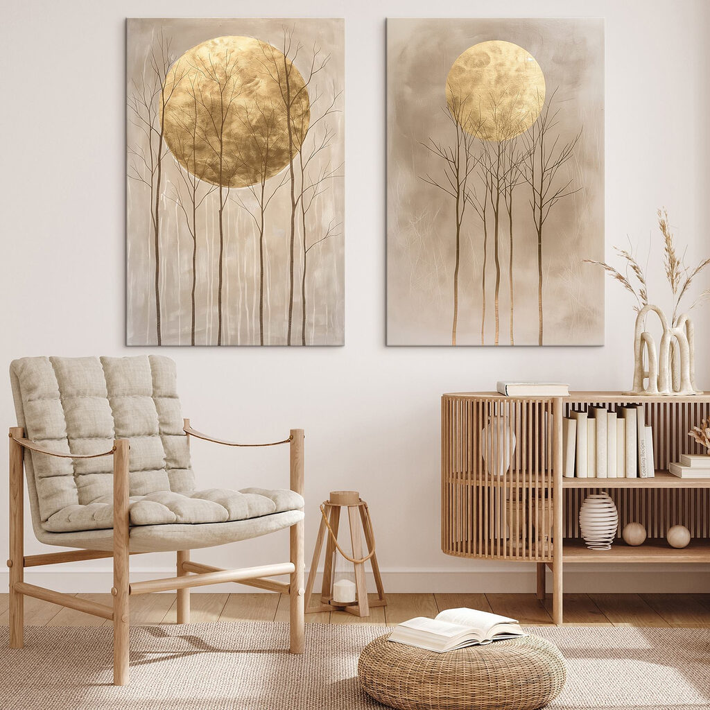 Two paintings of trees and the moon Two paintings of trees and the moon