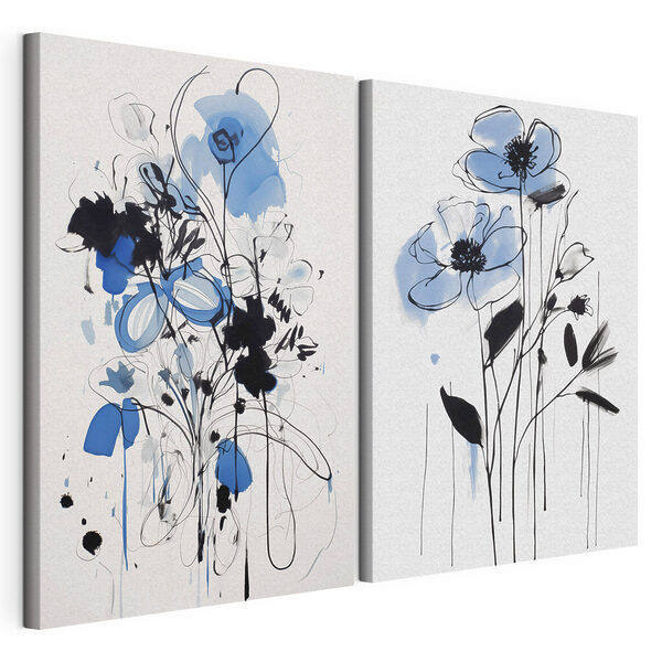 Tablou modular pe pânză Pictură cu flori realizată cu vopsea neagră și albastră (SKU: m01222) Tablou modular pe pânză Tablou modular pe pânză Pictură cu flori realizată cu vopsea neagră și albastră (SKU: m01222)