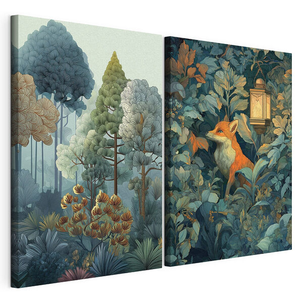 Tablou modular pe pânză Colaj cu o vulpe în pădure (SKU: m01248) Tablou modular pe pânză Tablou modular pe pânză Colaj cu o vulpe în pădure (SKU: m01248)