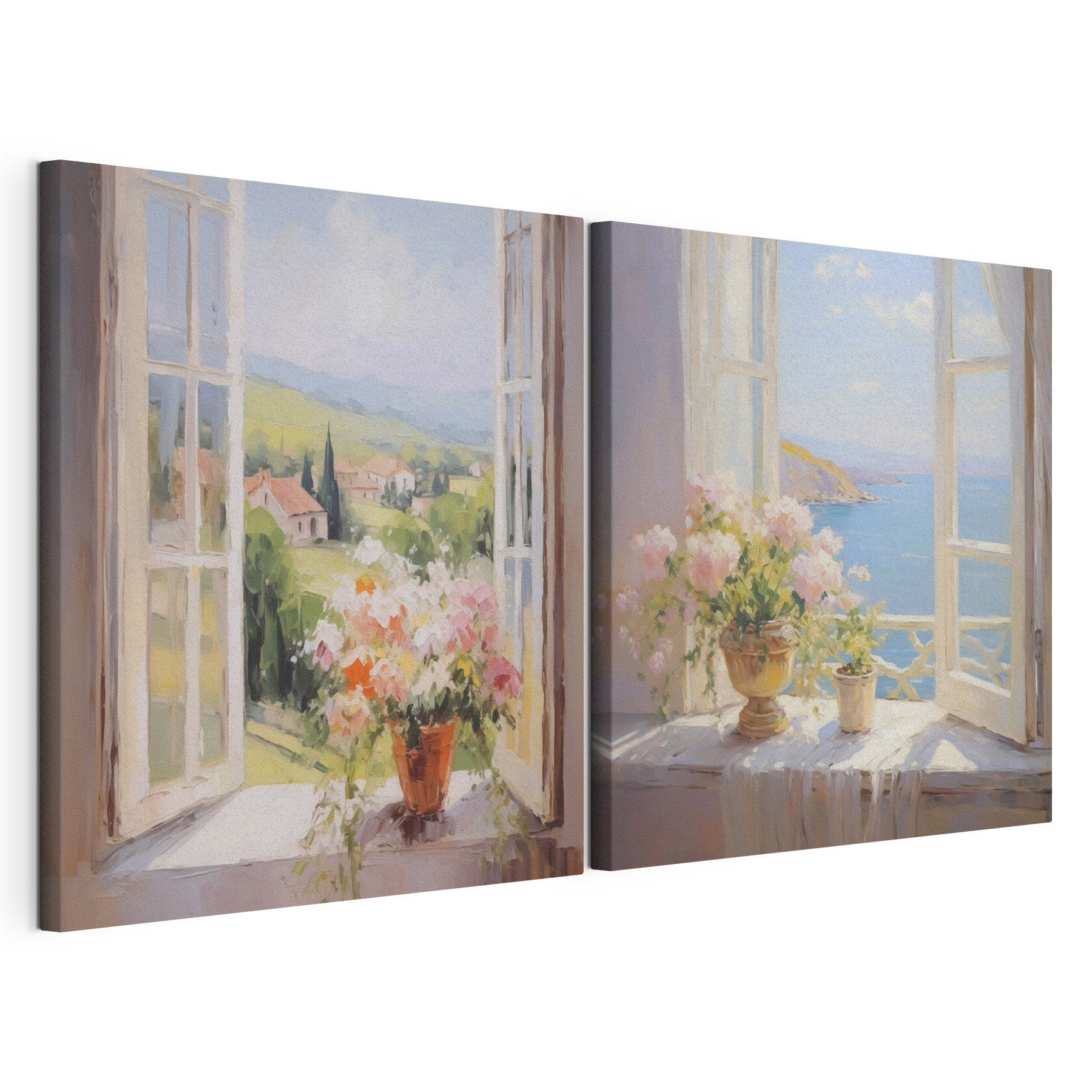 Painting of flowers on a window sill Painting of flowers on a window sill