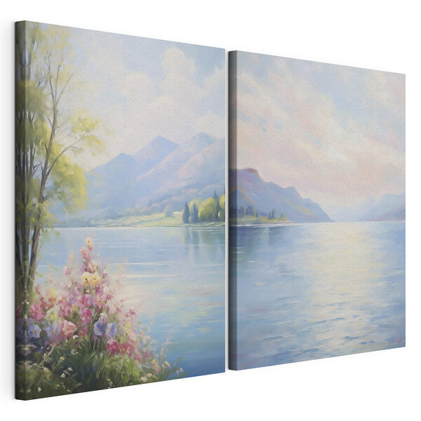 Tablou modular pe pânză Tablou reprezentând un lac și munți