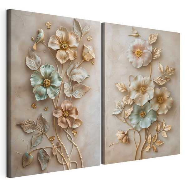 Tablou modular pe pânză Motive florale delicate, în nuanțe delicate