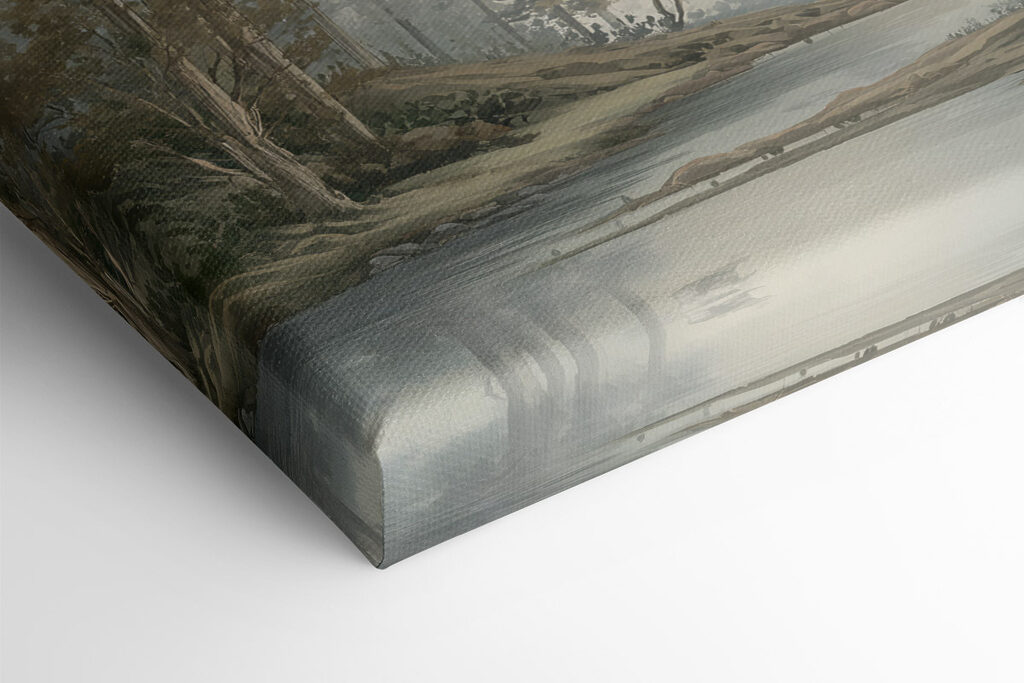 Painting of a river with trees and mountains Painting of a river with trees and mountains