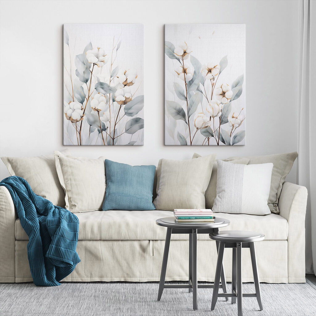 Tablou modular pe pânză Pictură cu flori și frunze de bumbac (SKU: m30322)