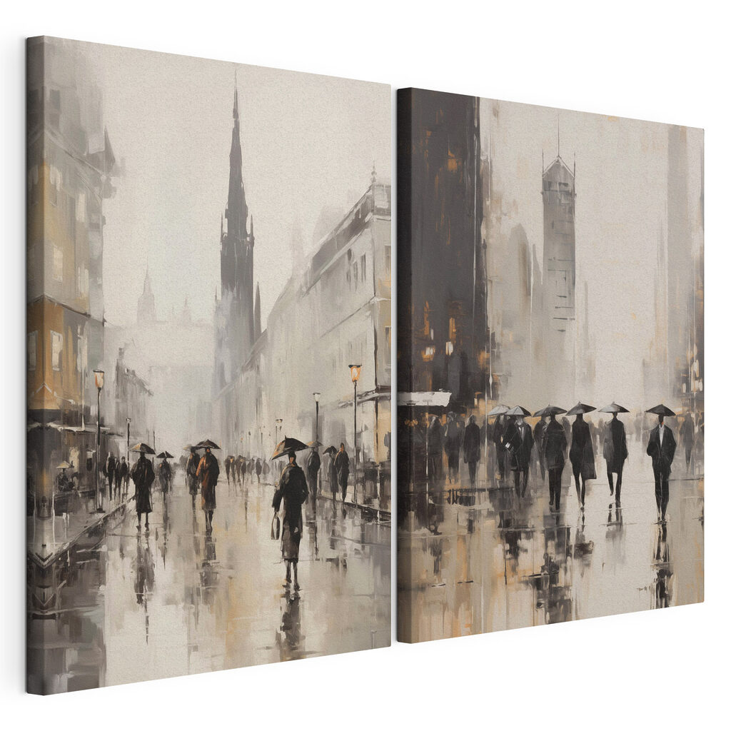 Painting of people walking with umbrellas Painting of people walking with umbrellas