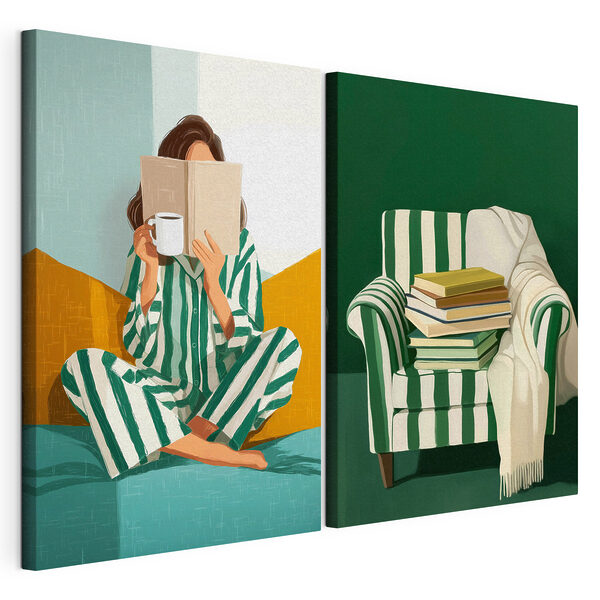 Tablou modular pe pânză O femeie în pijamale care citește o carte și o grămadă de cărți (SKU: m30790) Tablou modular pe pânză Tablou modular pe pânză O femeie în pijamale care citește o carte și o grămadă de cărți (SKU: m30790)