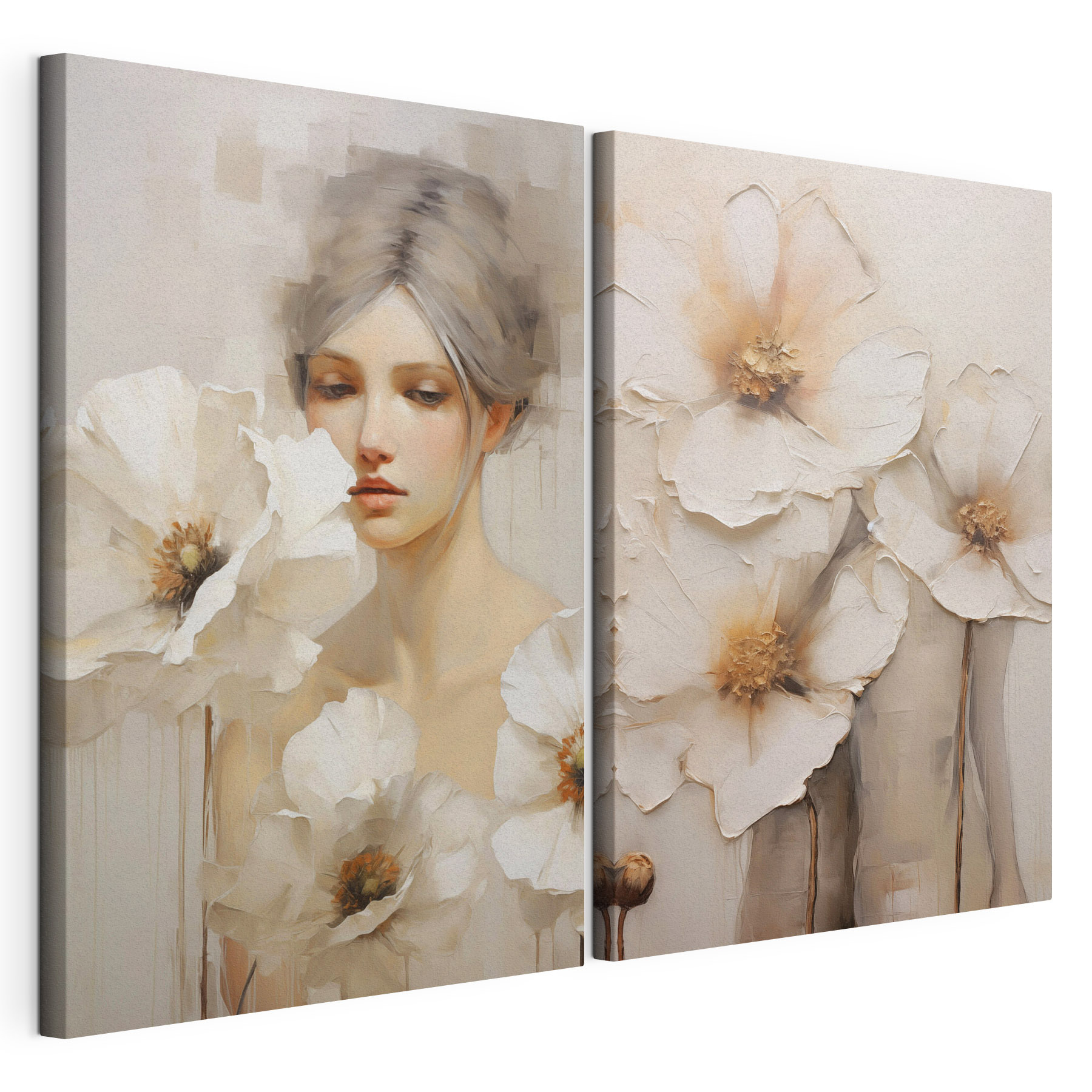 Painting of a woman with white flowers