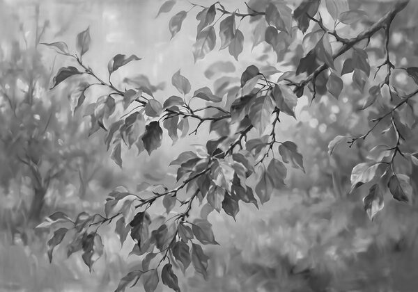 Black and white image of a tree branch with leaves Black and white image of a tree branch with leaves