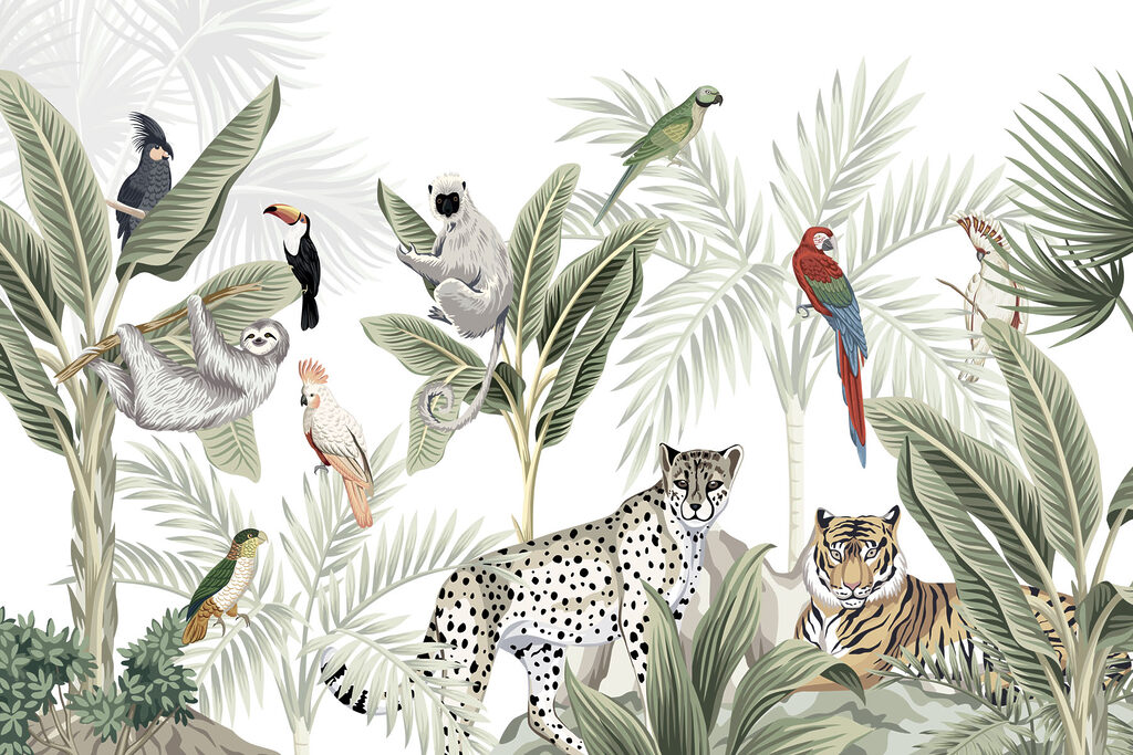Tropical jungle creatures gather together Tropical jungle creatures gather together