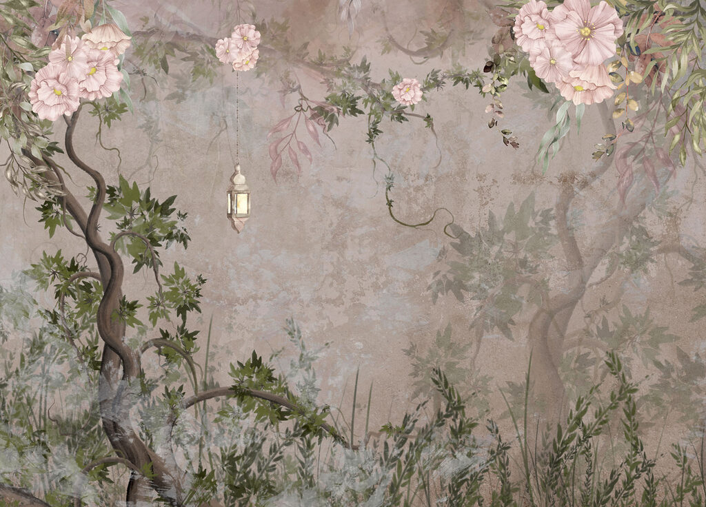 Painting of a tree with flowers and a lantern
