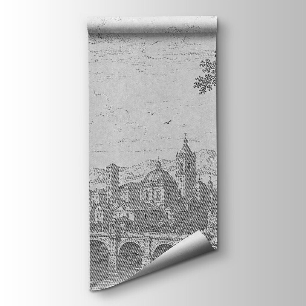 Drawing of a city with a bridge and a river Drawing of a city with a bridge and a river