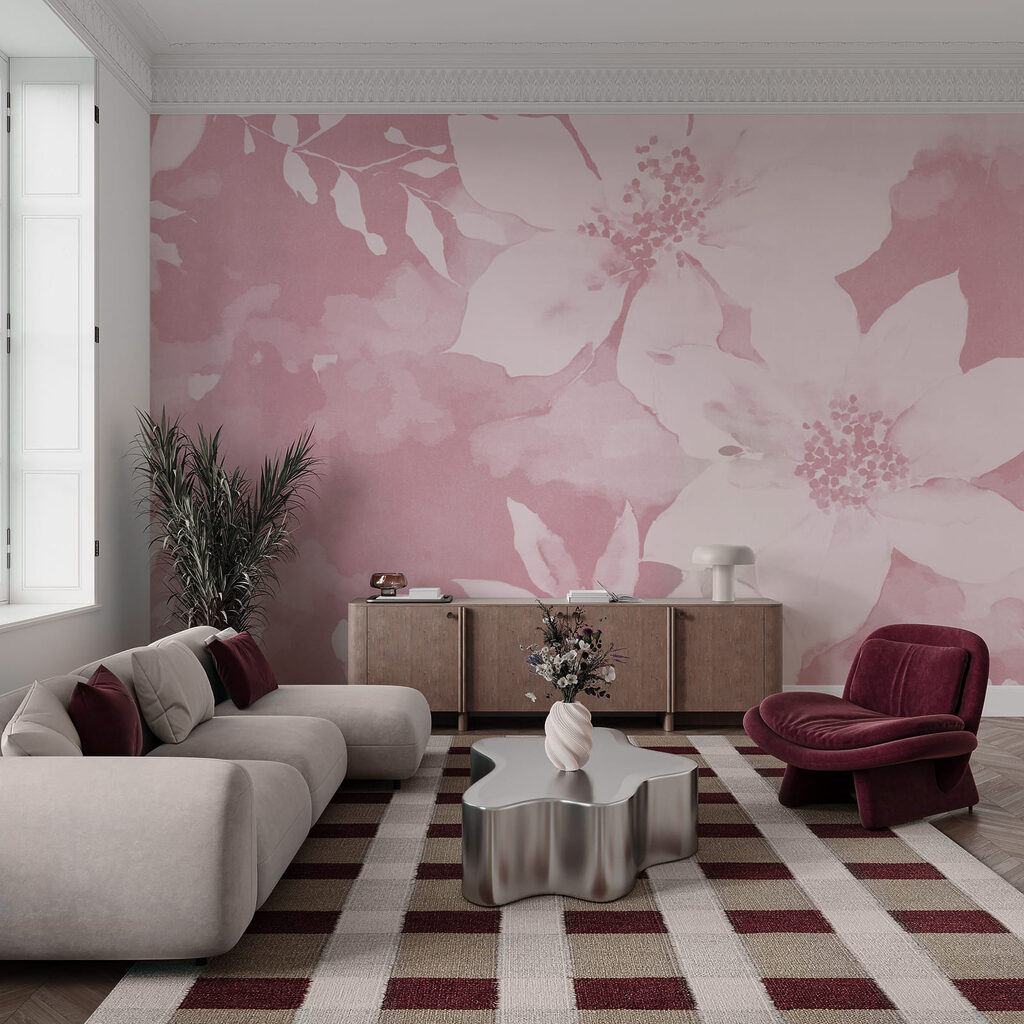 Model floral roz cu flori albe Model floral roz cu flori albe