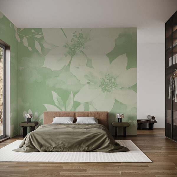Wall mural White flowers on a green background Wall mural White flowers on a green background