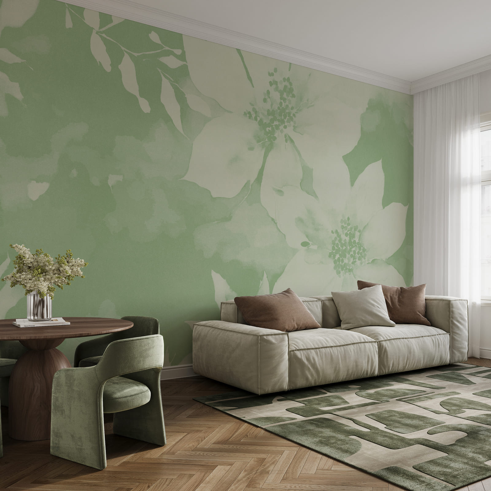 Wall mural White flowers on a green background Wall mural White flowers on a green background
