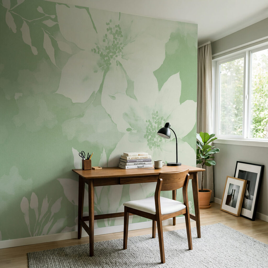 Wall mural White flowers on a green background Wall mural White flowers on a green background